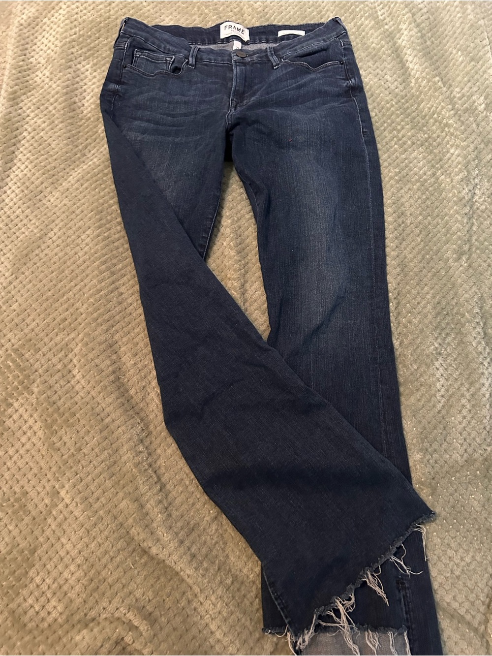 Frame Denim Dark Indigo Flare Jeans with Frayed Hem Mini Boot